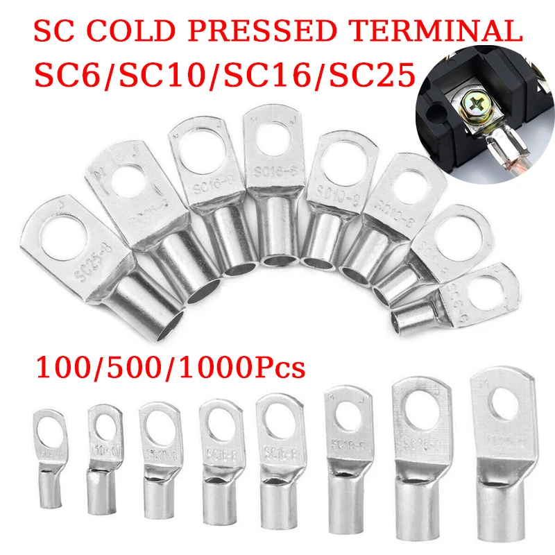 Electrical Wire Connector 100/1000pcs Copper Lug Ring Wire Connectors Cable Electric Crimp Terminal SC6 SC10 SC16 SC25 Bare Copper Battery Block Lugs Hole