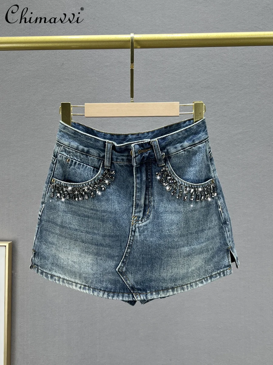 

Women Denim Mini Skirt Summer 2024 Retro Casual Street Wear Diamond-Embedded High Waist Anti-Exposure Hot Girl Short Culottes