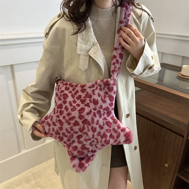 Stern Leopard Print Plüsch Umhängetaschen für Frauen Pelzigen Große Kapazität Mädchen Schulter Tasche Vintage Tote Handtaschen Weibliche Geldbörse