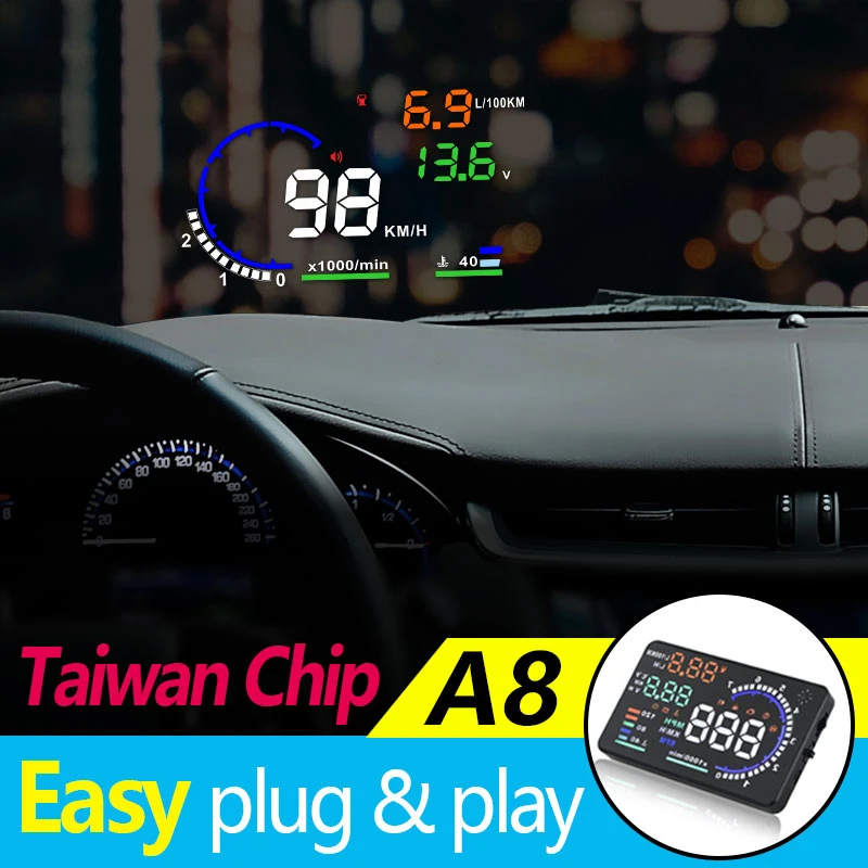 A8 OBD HUD 헤드업 디스플레이 속도계 자동차용 헤드업 디스플레이 RPM 타코미터 과속 경보 기능이 있는 자동 전자 액세서리