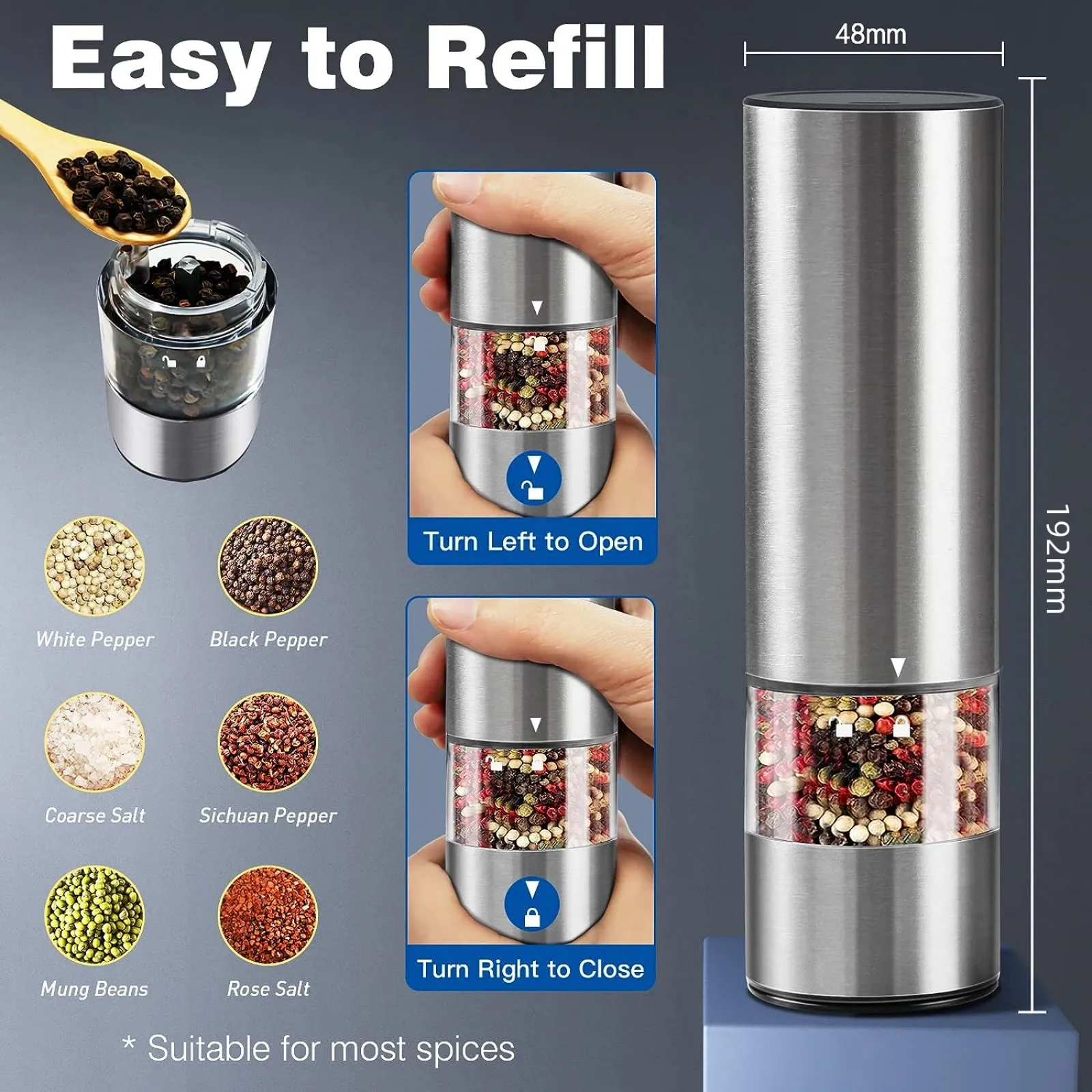 2pcs Electric Salt and Pepper Grinder Set with 6 Adjustable Coarseness Type-C Fast Charging Auto Salt And Pepper Grinder Kits