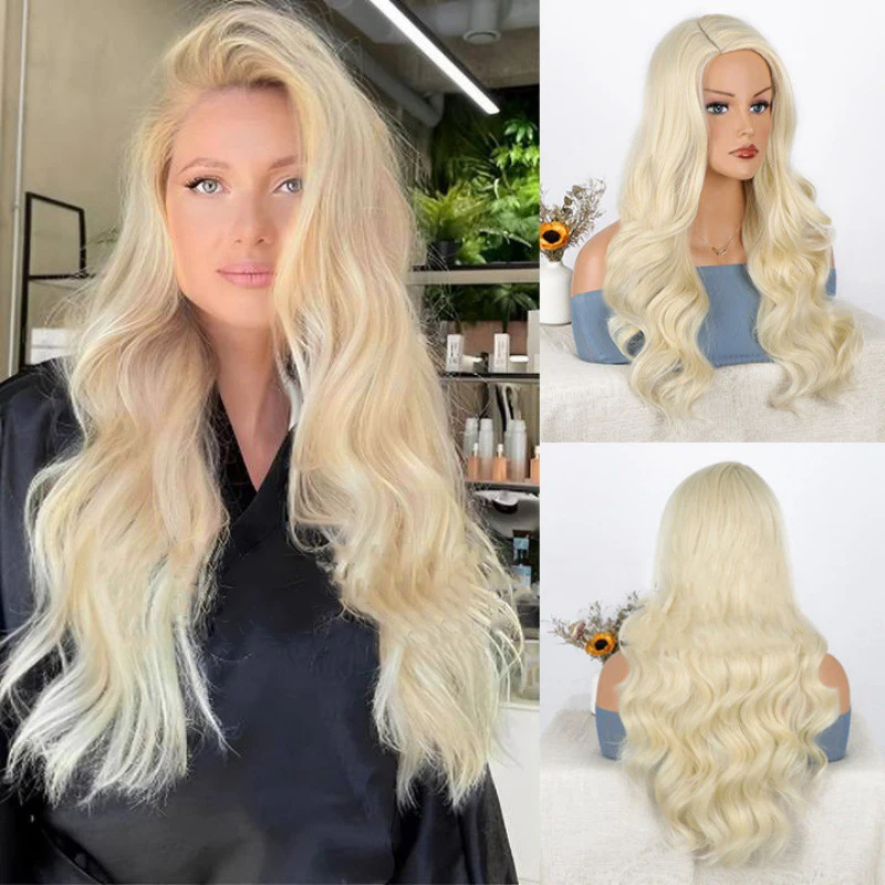 

Long Mixed Blonde Wave Wigs Women And Girls 26-Inches Mid-section Curly Wave Wig Natural Look Synthetic Heat Resistant Fiber Wig