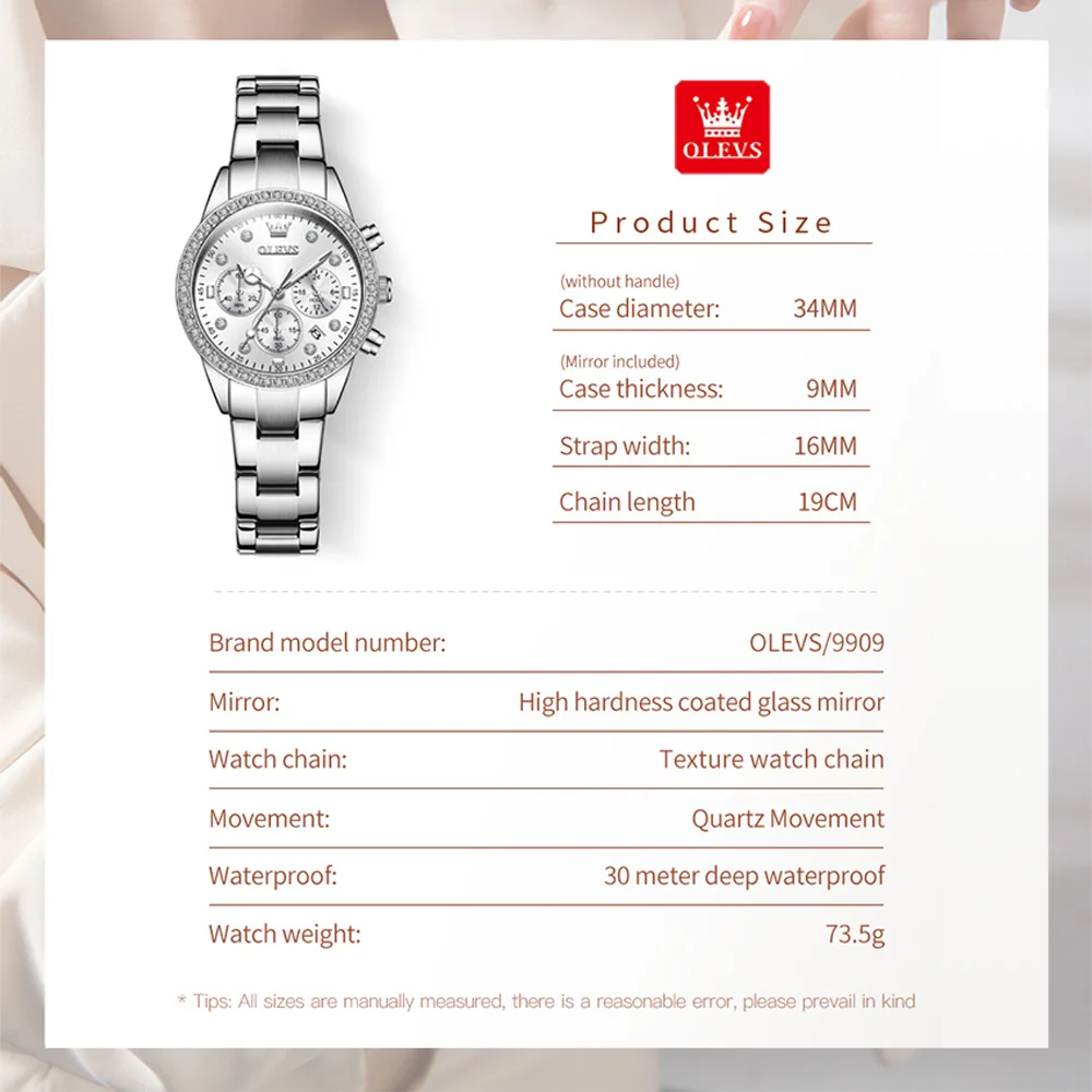 OLEVS Fashion Quartz Watch for Women Luxury Stainless Steel Women's Watch Waterproof Luminous Chronograph Wristwatch Reloj Mujer