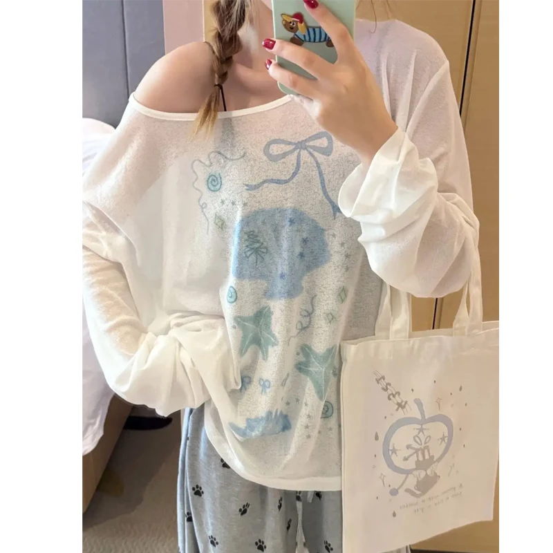 Jerséis con perspectiva Sexy estampada, novedad de verano, camisetas sencillas holgadas de manga larga de estilo perezoso, ropa informal de moda para mujer - AliExpress 200000345