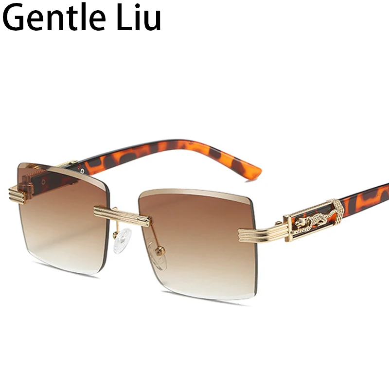 

Vintage Square Rimless Sunglasses Men Women 2023 Luxury Brand Designer Frameless Sun Gasses for Male Punk Leopard Eyewear Shades