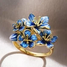 

Golden petal blooming wedding ring jewelry ring wholesale Charming Blue Flower Ring women's fashion accessories