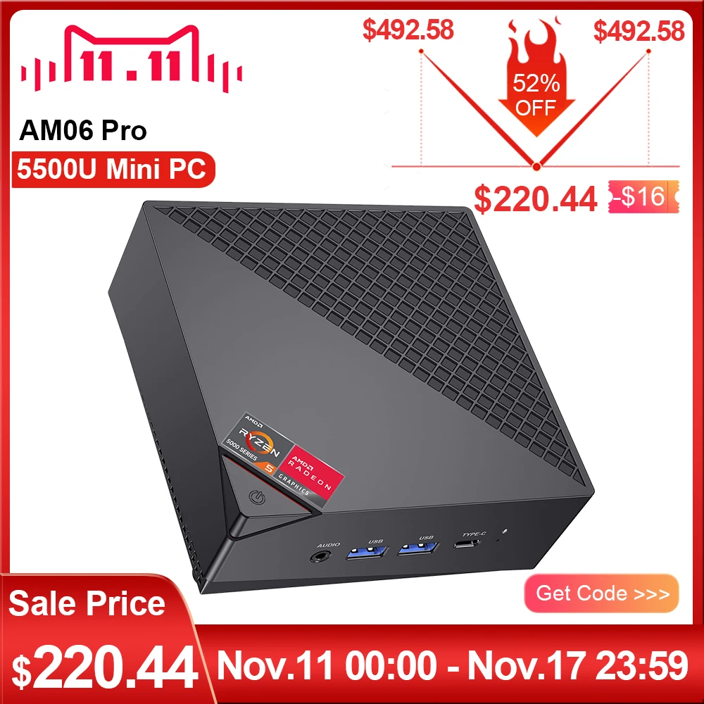 NiPoGi AM06 Pro Mini PC Gamer, AMD Ryzen 5 5500U(6C/12T, jusqu'à 4,0 GHz),  16Go DDR4 512Go M.2 SSD Mini Ordinateur de Bureau, Double LAN, 4K UHD  Triple écran/WiFi 5 /BT 4.2 pour