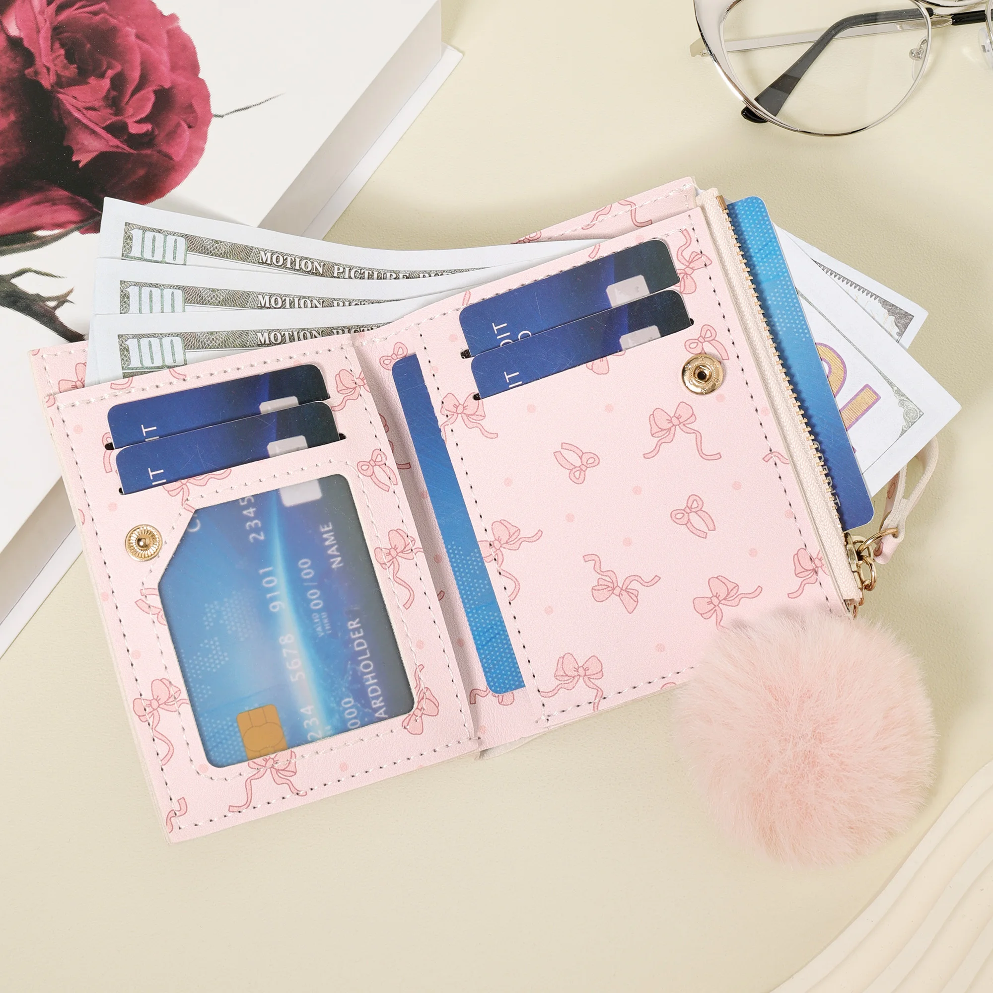 Women's Minimalist Short Wallet with Pom-Pom Charm and Bow Print
