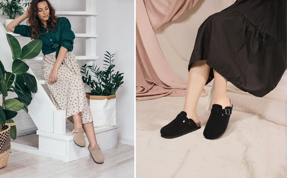 Women's Suede Mules Sandals With Arch Support And Cork Footbed_voghion.com