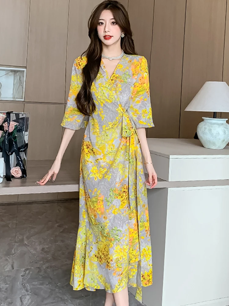 

Women Floral Chic Flare Sleeve V-Neck Ruffled Long Dress Summer Elegant Casual Festival Beach Dress 2024 Korean Bodycon Vestidos