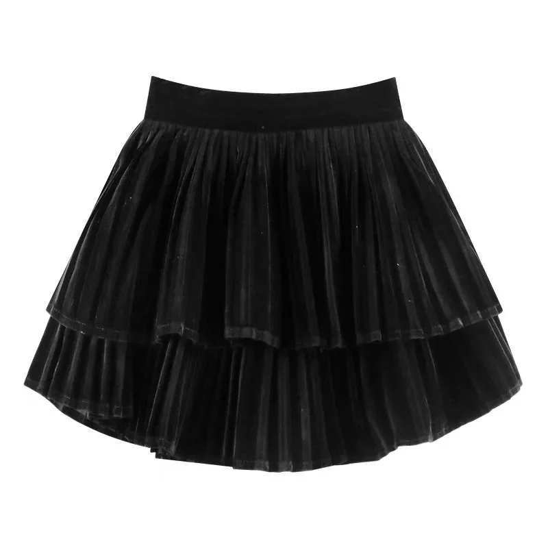 

Girls Black Gold Velvet Pleated Skirt Fall Winter French Double Layer Fluffy A-line Tutu 3-16 Y School Umbrella Skirt for Kids