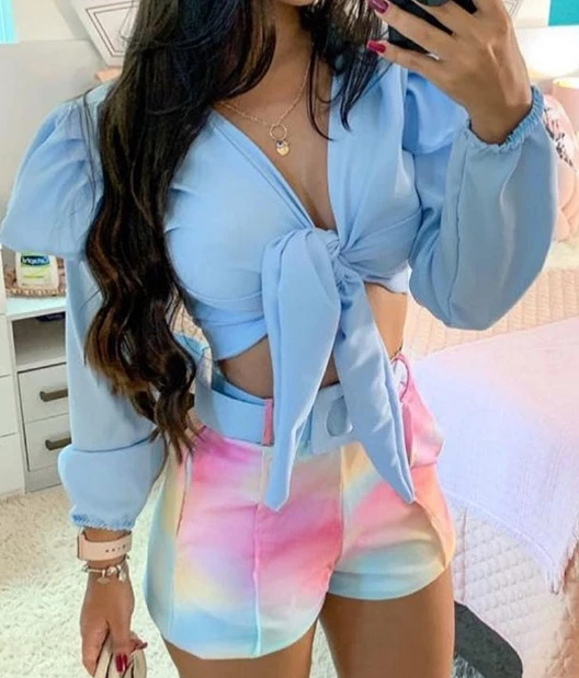 Women's Summer Fashion Casual Versatile Short Twisted Bubble Sleeves Top and Short Shorts Rainbow Tie Daily Shopping Set