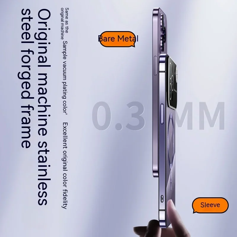 2024 Metallic stainless steel frame magnetic full lens primary color back case for iPhone 14 13 Pro Max case