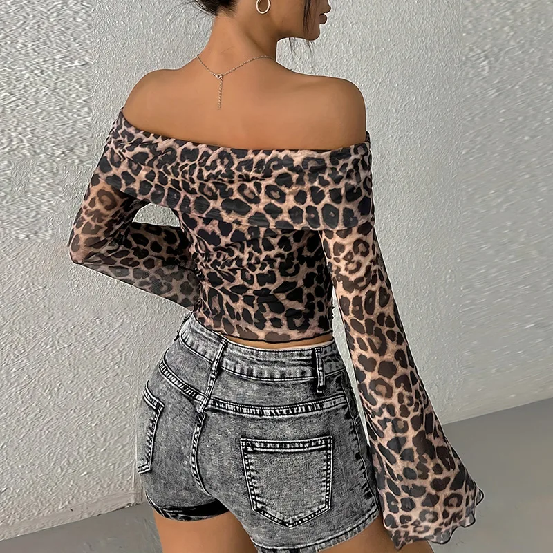Leopard Printed Mesh T-shirt Top For Women Off-Shoulder Long Sleeve Cropped Y2k Top Pullover Contrast Female Slim Tee
