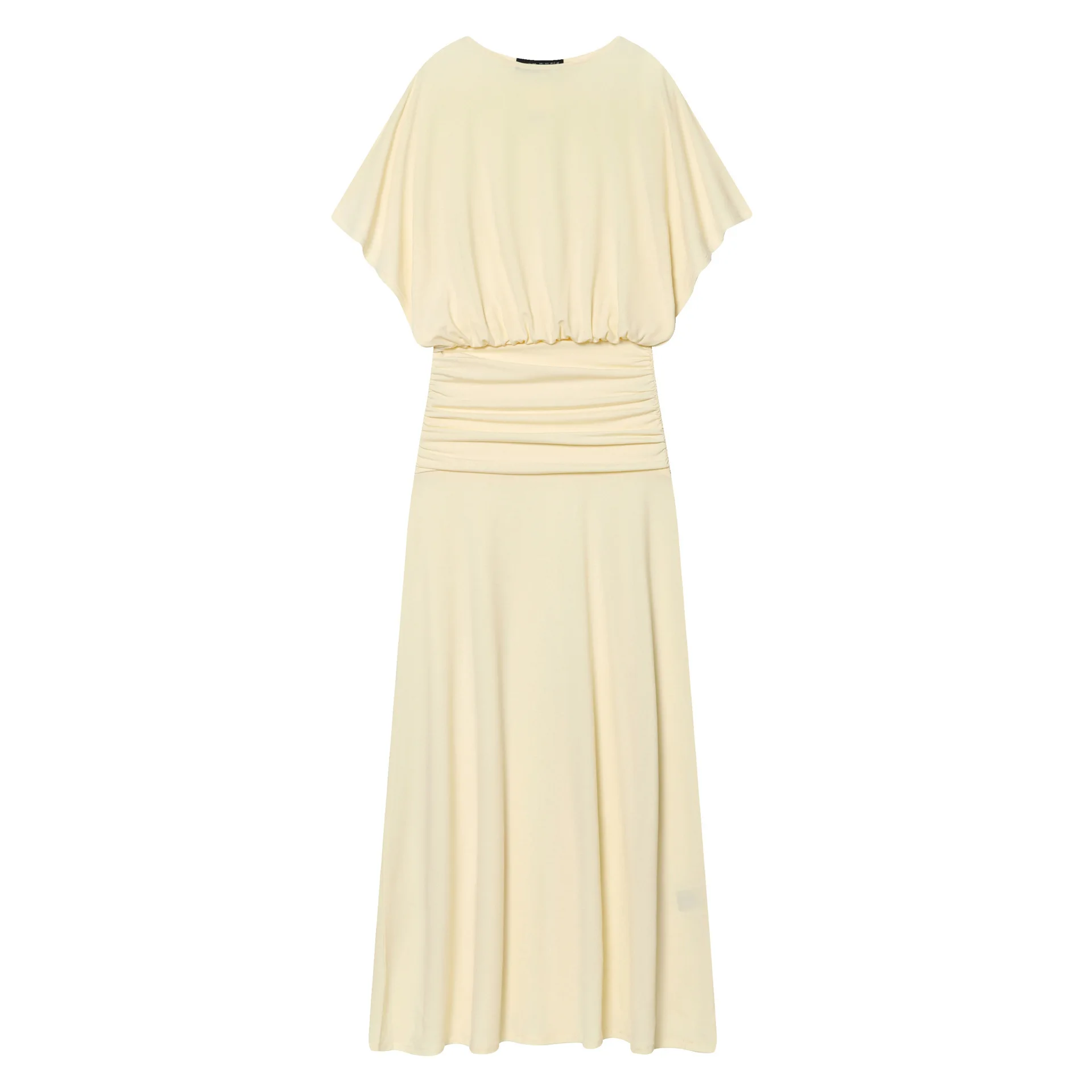 Elegante Abito Lungo in Stile Francese, Design Drappeggiato, Vita Alta, Vestibilità Slim, Lunghezza Midi, Tinta Unita, Misto Poliestere e Cotone - immagine 2