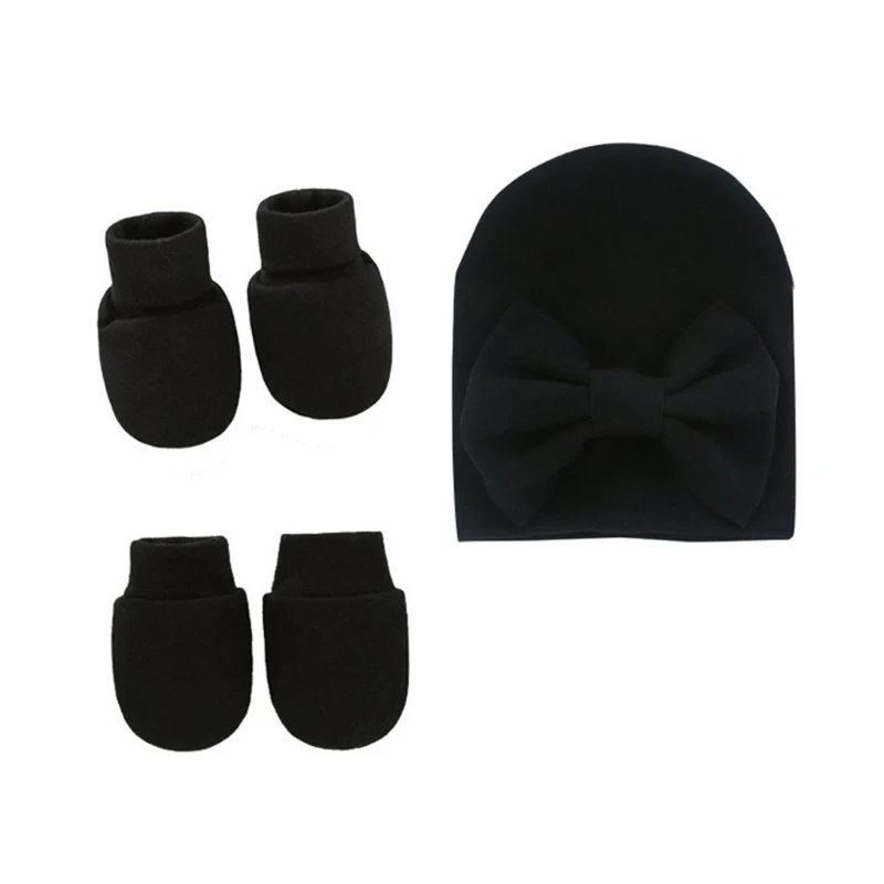 

Baby Bowknot Hat No Scratch Gloves Foot Cover Set Infants Soft Cotton Mittens Socks for Newborn