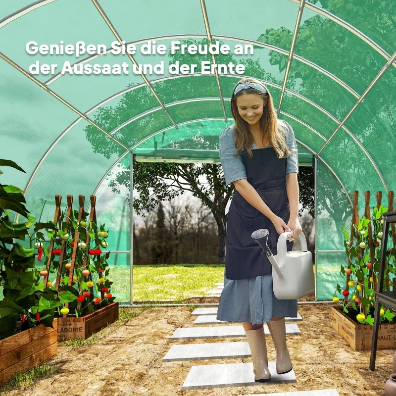 Polytunnel-Gewächshaus mit Kunststoffabdeckung und Stahlrahmen, begehbares Gewächshauszelt mit Rolltüren, grün – Detail 7