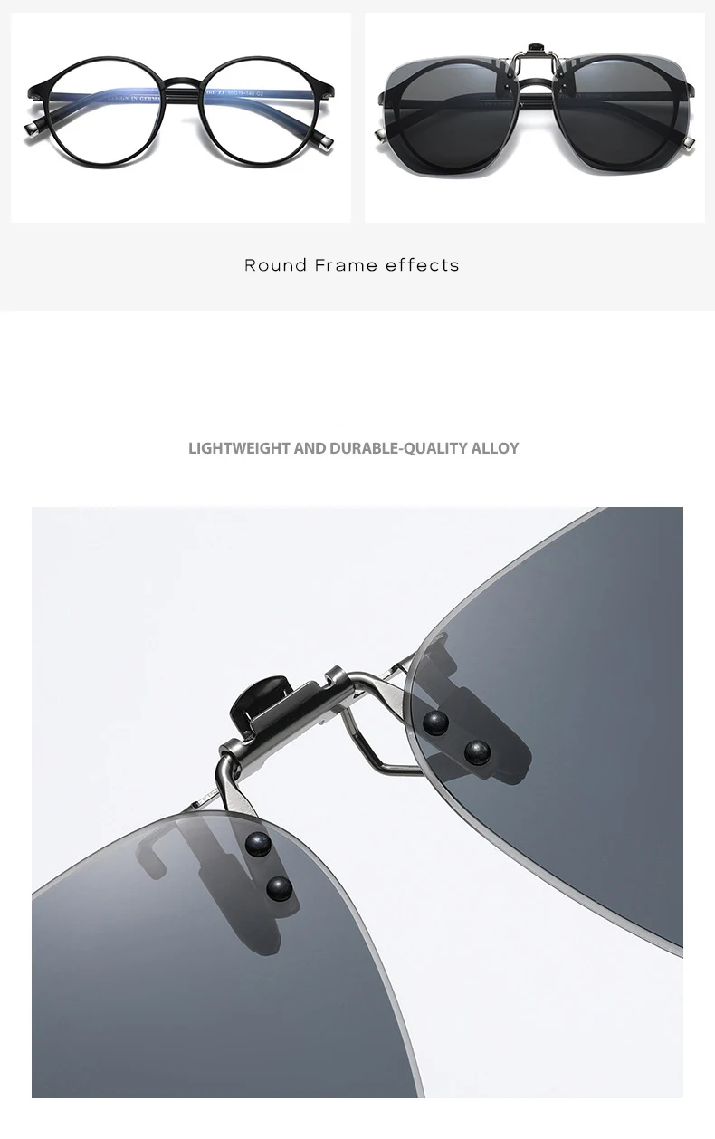 Neu eingetroffene polarisierte Klapp-Sonnenbrillen-Clips für Myopie-Brillen, Retro quadratische photochrome Gläser-Clip-on-Sonnenbrillen-Clips C8322 – Detail 7