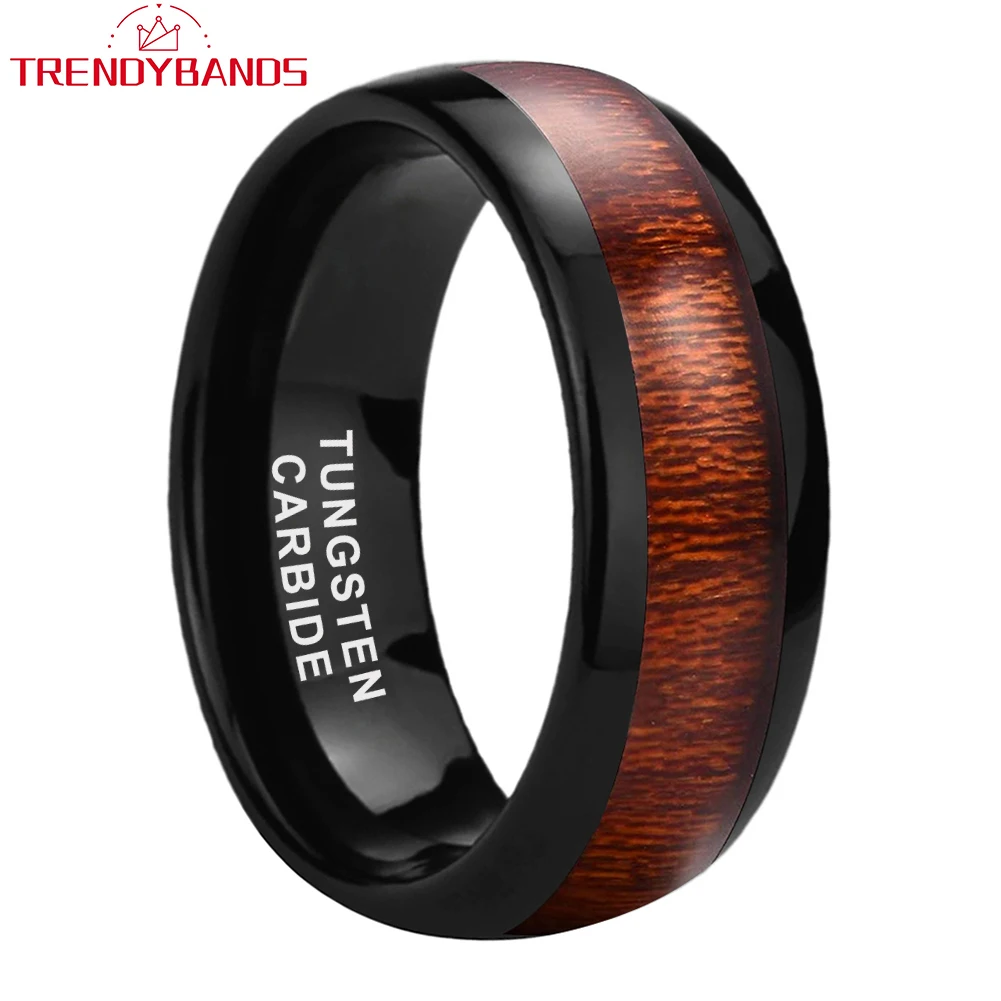 

8mm Dropshipping Tungsten Carbide Engagement Ring Wedding Band for Men Women Wood Inlay Beveled Edges Polished Shiny Comfort Fit