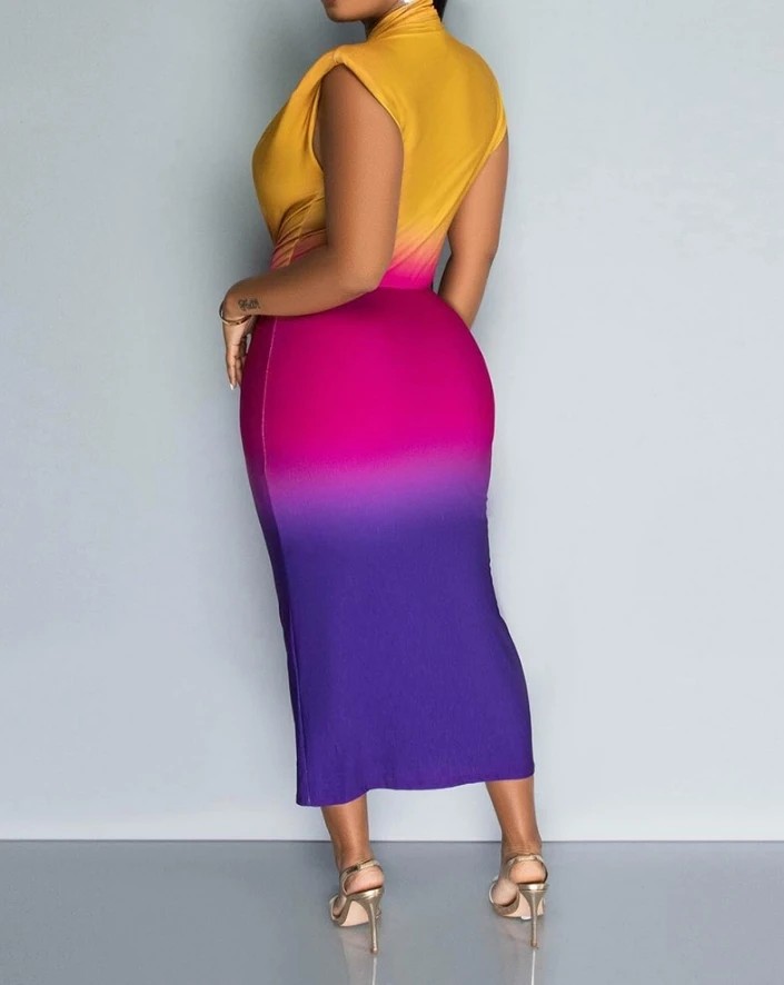 Women Dresses 2024 Summer New Ombre Colorblock Ruched Sexy Elegant Midi Dress Fashion Casual Clothing Temperament Commuting