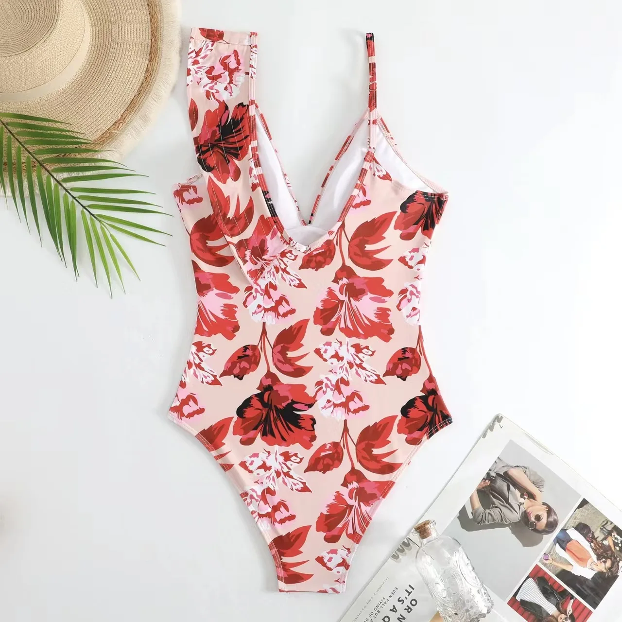 Sexy Backless Ruffled One Piece Wwimsuit Women 2023 Red High Waisted Fashionable Printed Swimsuit Set with Mesh Wrapped Skirt