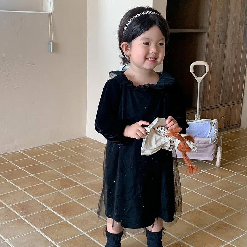 

Autumn New Baby Girls Long Sleeve Dress Kids Solid Sequin Gauze Dress Toddler Cute Doll Collar Princess Dress Children Clothes