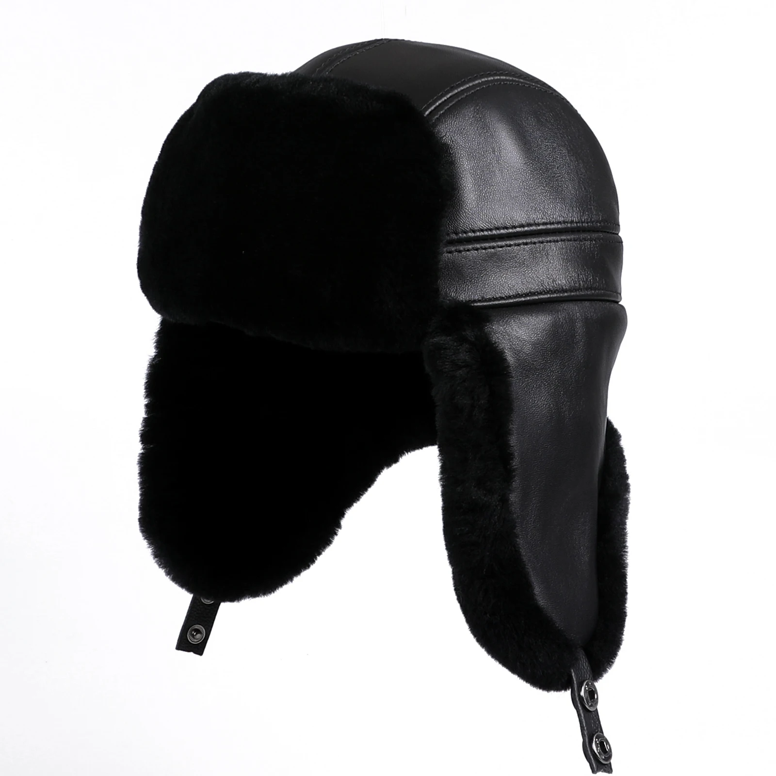 Luxury Men's Winter Fur Trapper Hat Genuine Leather Shell With Shearling Wool Aviator Russian Ushanka Caps Ear Flaps Thick Warm