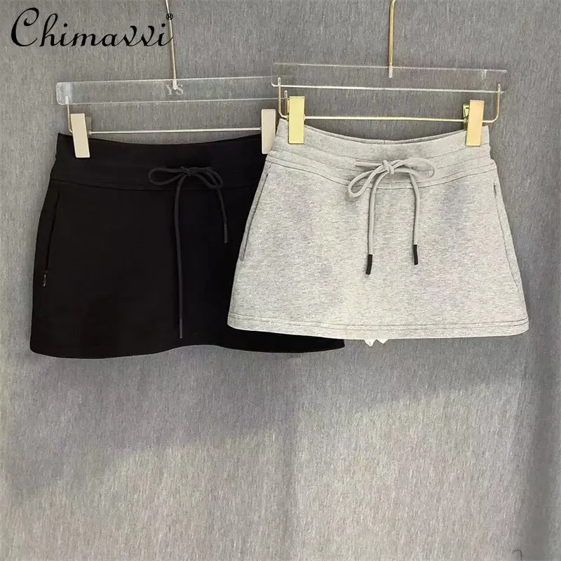 Fashion Casual Exercise Drawstring Waist-Tight A- Line Skirt Women's Solid Color All-Matching Anti-Exposure Pocket Skinny Skirt