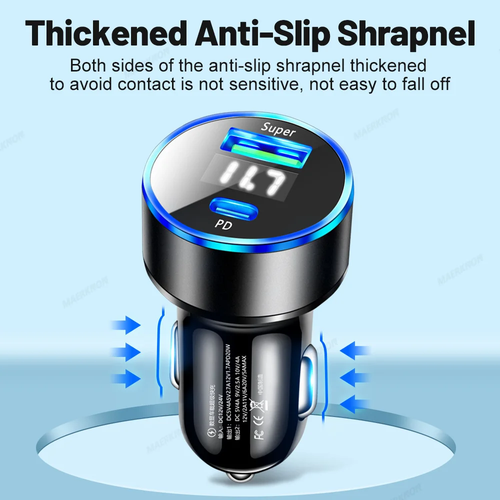 3.1A USB PD Car Charger 2 Port LED Display Voltmeter 12-24V Cigarette Lighter Socket Car Charger Adapter