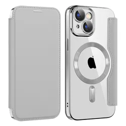 Enhanced Wireless Charging Leather Phone Case with Business Card Slot & Shockproof Protection for iPhone 14 (GRAY)