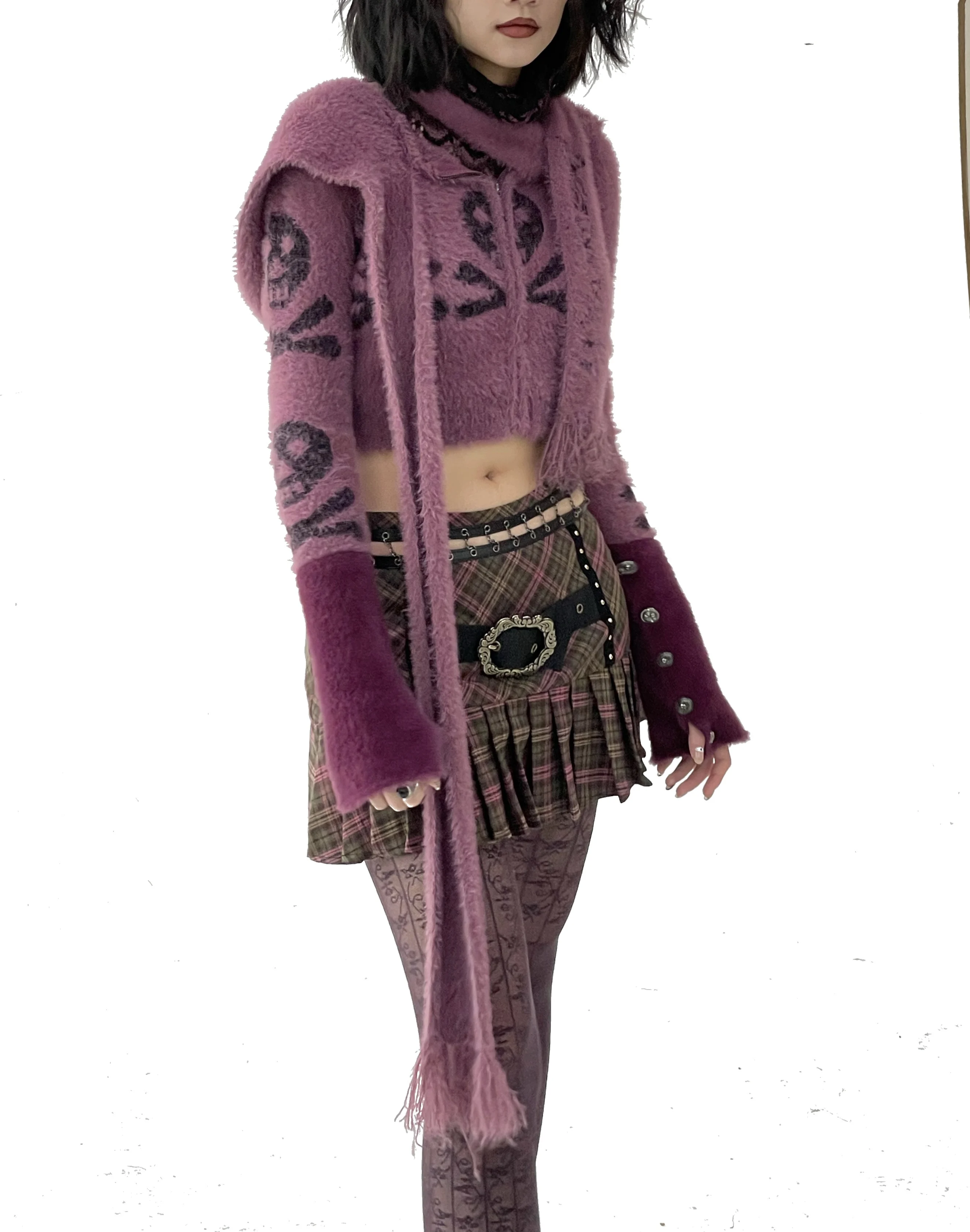 

Japanese Subculture Skull Hooded Scarf Cardigan Autumn Furry Mohair Punk Knitted Top Cardigan Short Purple Sweater for Women