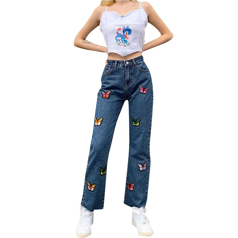 Women Spring Autumn Loose Comfortable Denim Pants 2024 High Waist Slim Butterfly Embroidered Straight Casual Classic Jeans Pop