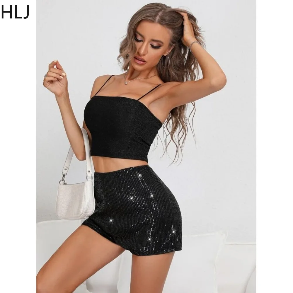 HLJ Black Fashion Sequin Straight Shorts Women High Waisted Slim Party Club Matching Bottoms Casual Female Solid Color Clothing