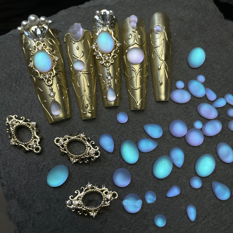 Blue Tears Matte Elliptical Nail Charms with Diamond Rhinestones and Crystal Beads Elements
