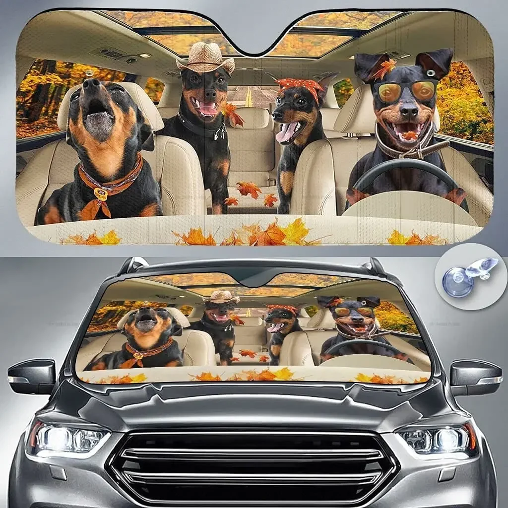 

Miniature Pinscher Family Driving On Autumn Dog Lover Car Sunshade Windshield Window, Gift for Dog Mom Car Windshield Auto Visor