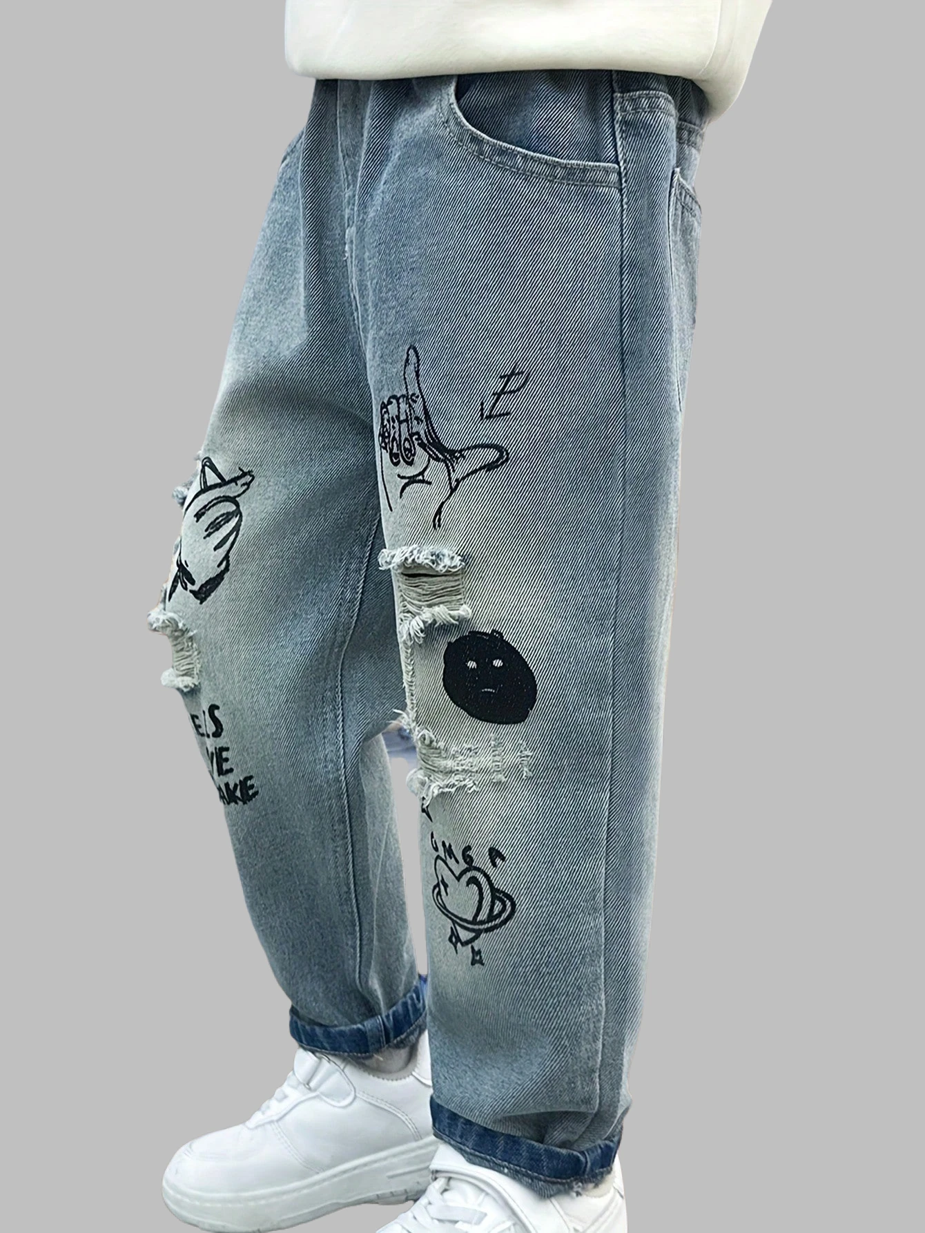 소년 및 청소년용 봄철 루즈핏 작업복 청바지, 일상복, 학교, 여가 및 야외 활동에 적합합니다.