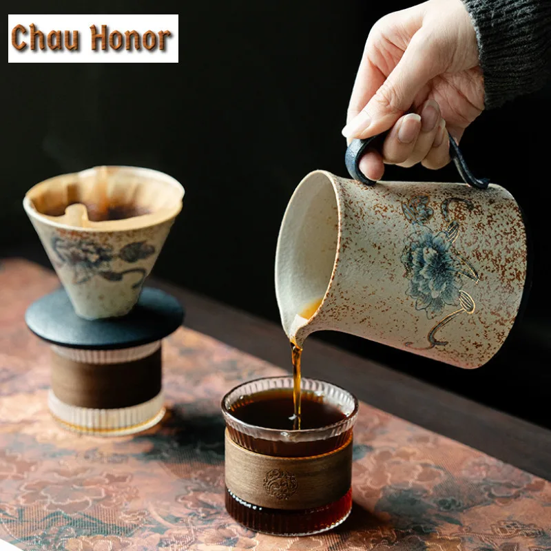 Blue And White Flint Red Coffee Cone Shape Drip Gold Drawing Peony Flower Hand Brewing Coffee Dripper Filter Funnel Barista Mugs