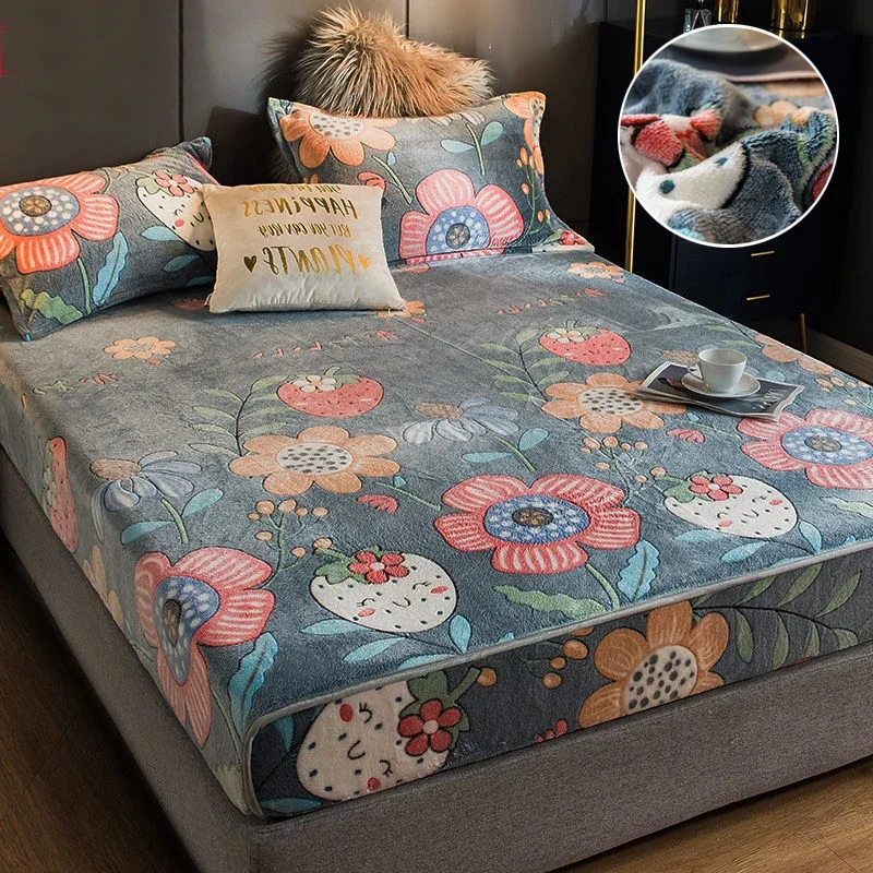 

Warm fluffy coral fleece fitted sheet elastic mattress protector cover winter bedspread luxury double bed queen king size