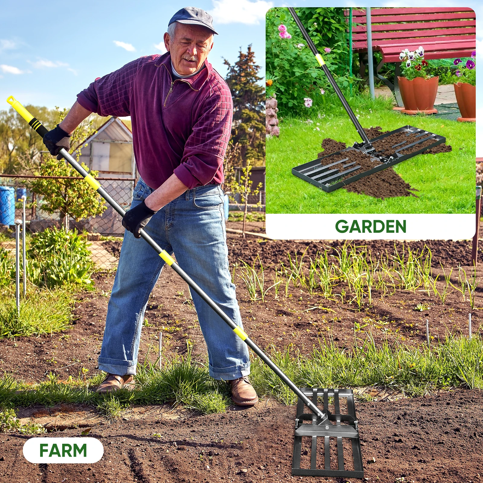 Lawn Leveling Rake 30"x10" Lawn Leveler Tool Lawns 5FT Ergonomic Handle Heavy Duty Leveling Rakes Yard Garden