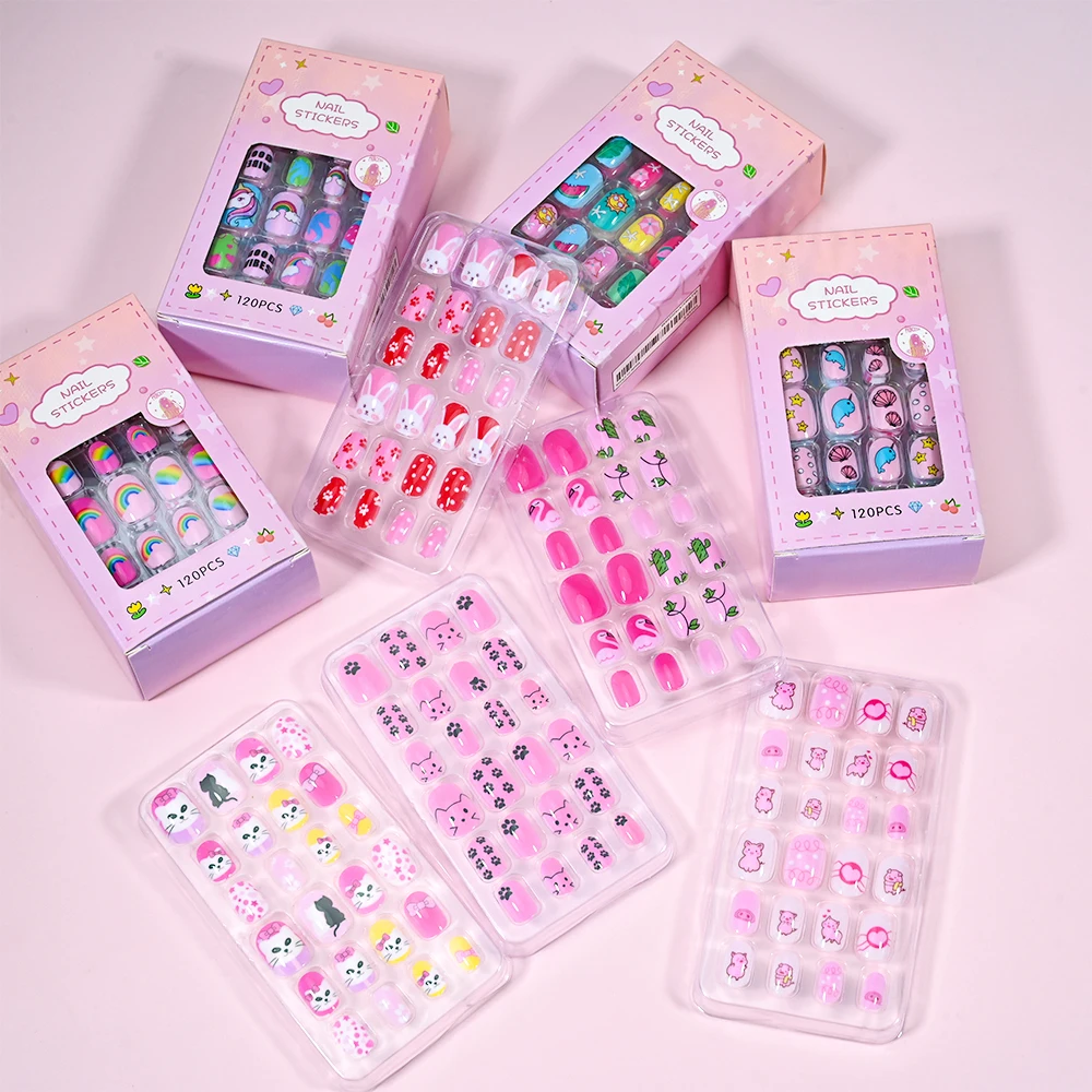 120pcs/box Fake Nails Pink Cartoon Children Press On Candy Color Unicorn Cat Bunny Full Cover Girls Party Nail Decoration