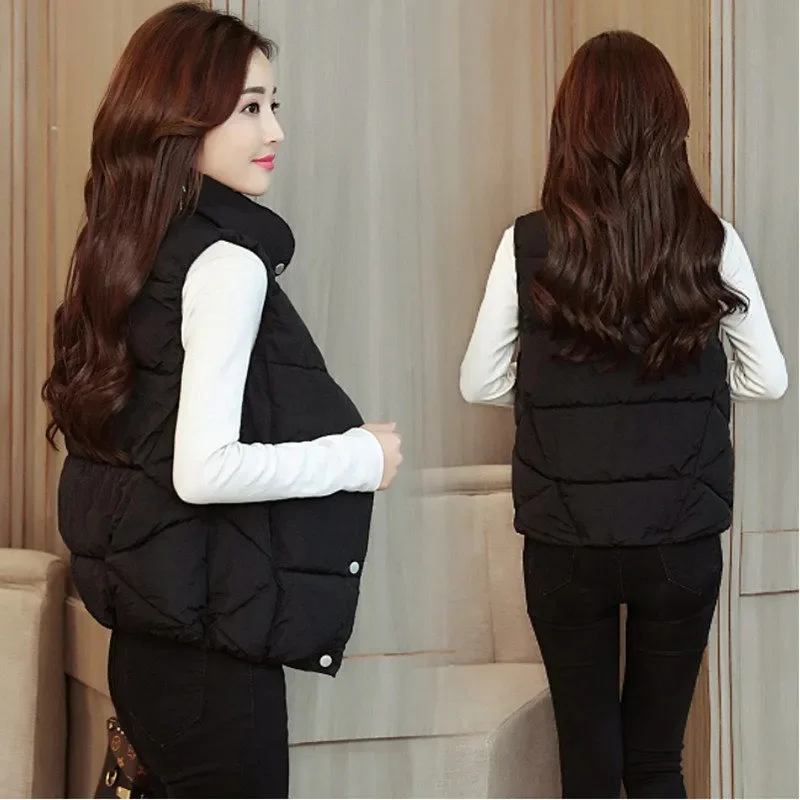 Cotton Padded Puffer Vest Parka New Fashion Stand Collar Sleeveless Warm Chic Jacket Coat Winter Women Soild Thicken Waistcoat