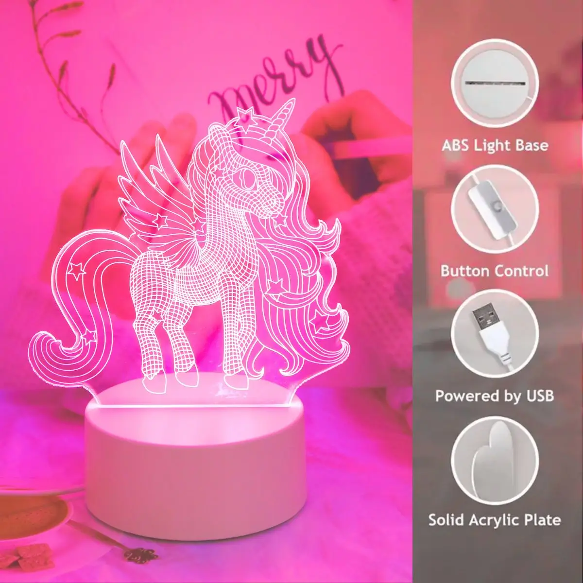 USB 꿈같은 3D 유니콘 야간 조명, 핑크 LED 조명, 침실, 파티, 거실, 결혼식, 장식 분위기, 선물 조명.