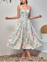 NewAsia Women's Halter Backless Print Floral Midi Corset Dress Spaghetti Straps Tie Up Fashion Casual Holiday Long Dresses Pink - Image 4
