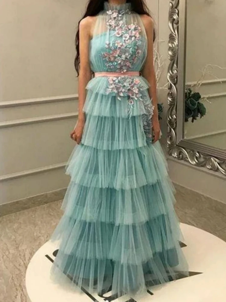 Зеленое Тюлевое Многоярусное вечернее платье с цветочной 3D аппликацией, с высоким воротом, без рукавов, с розовым поясом, бальное платье на шнуровке для выпускного вечера