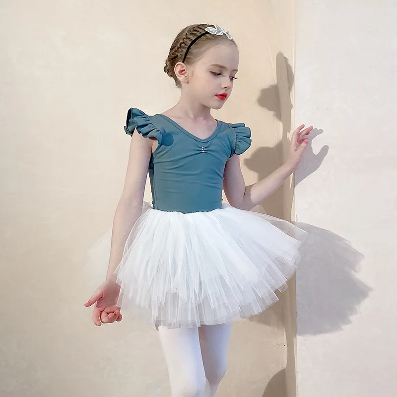 Girls Dance Clothes Kids Training Gauze Skirt Children\'s Ballet Wear Flying Sleeved Stage Performance Dress Solid Autumn Winter