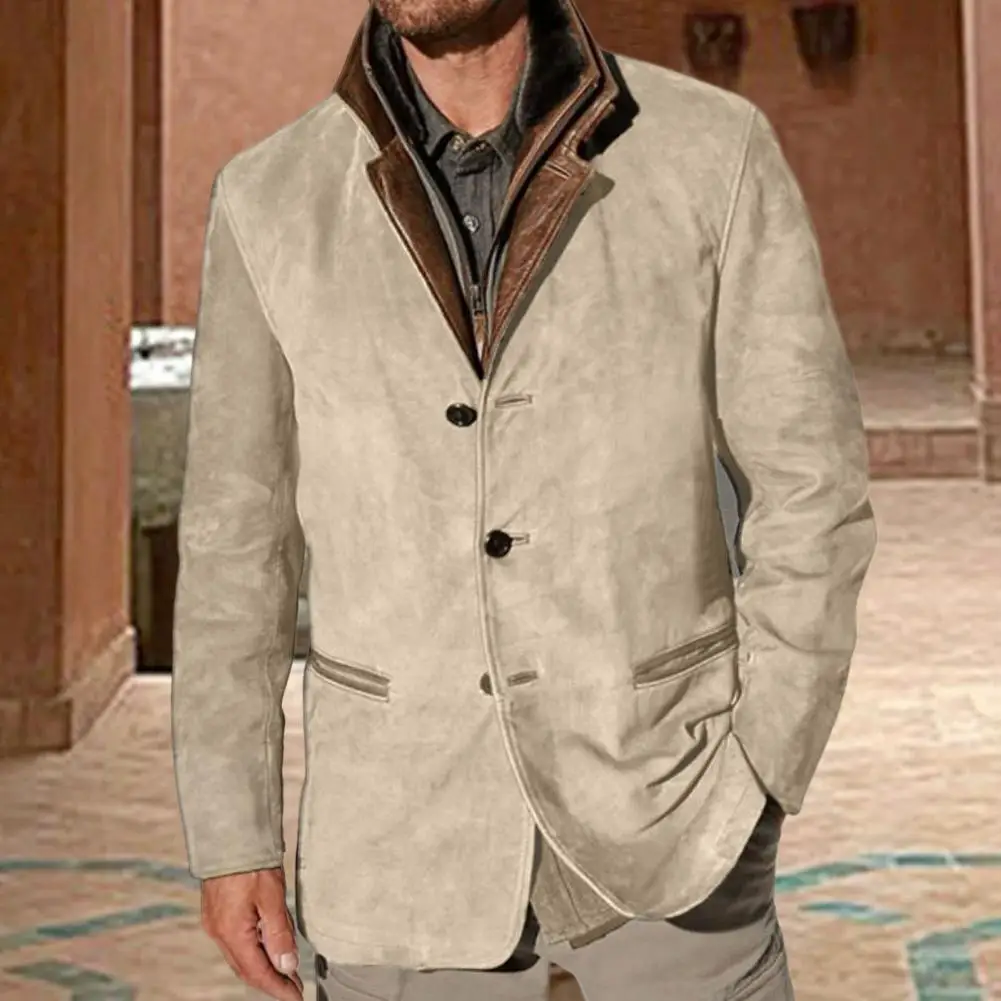 Retro Style Men Jacket Men's Retro Patchwork Cardigan Coat with Plush Lining Fake Pockets Stylish Winter Jacket for Plus Size