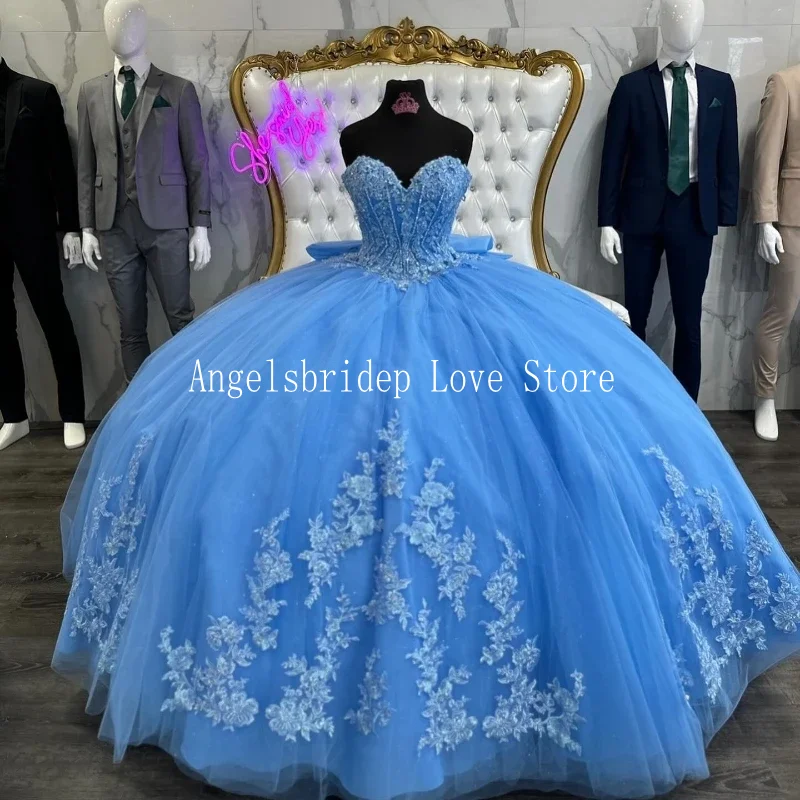 

Голубое Бальное Платье Angelsbridep, платья Quinceanera, Многоярусное милое платье 16 с большим бантом, платье для вечеринки на день рождения для девочек 15 лет