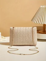 Woven Straw Handwoven Women’s Shoulder Bag, Fashion Solid Color Crossbody Purse with Lock Closure