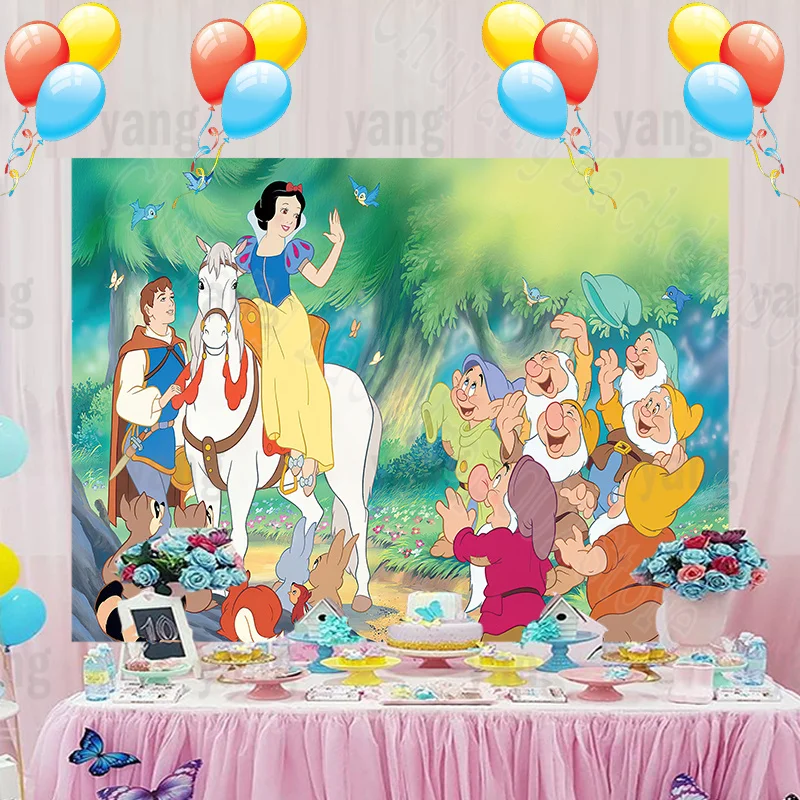 Snow White Backdrop for Party Decorations, 7x5ft Large Party Theme Birthday Snow White and The 7 Dwarfs, Size: 5' x 7', Red