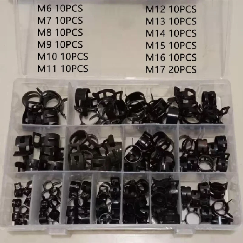 

130PCS Spring Band Type Action Fuel Line Silicone Vacuum Hose Pipe Clamp Low Pressure Air Clip Fasteners Assortment Kit Black